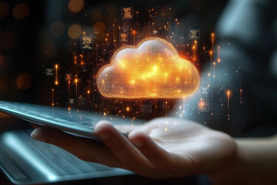 Person holding a digital tablet projecting a glowing orange cloud with floating data icons representing cloud computing technology
