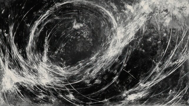 Abstract black and white swirling patterns with dynamic circular motion and chaotic brush strokes creating intense energy and movement