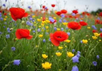 Fototapeta premium Vibrant red poppies and sunny yellow buttercups blooming in a lush green summer wildflower meadow