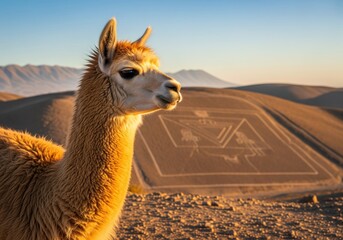 Serene vicuna portrait bathed in golden light overlooking a mysterious desert geoglyph