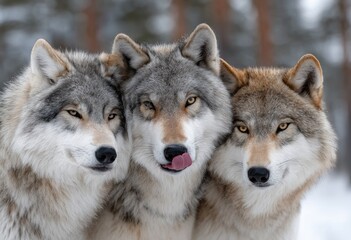 three wolves, one of them licking the face of another wolf