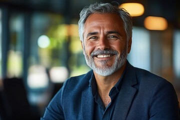 Smiling middle-aged man with gray hair and beard wearing a dark blazer in a warmly lit indoor setting