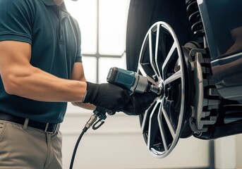 Auto mechanic tightening lug nuts on a lifted car wheel with a powerful impact wrench.