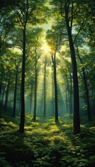 Obraz premium Sunlight filtering through tall green deciduous trees in a dense forest with lush ferns covering the ground, creating a serene and peaceful atmosphere