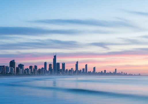 Serene coastal city skyline at dawn with long exposure ocean and pastel twilight sky