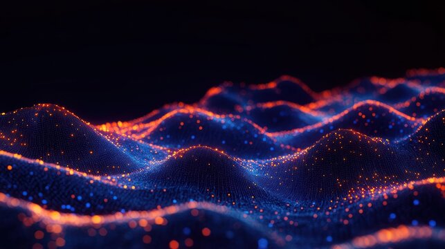Abstract digital landscape with flowing blue waves and glowing orange dots creating a vibrant futuristic terrain under dark background - Powered by Adobe