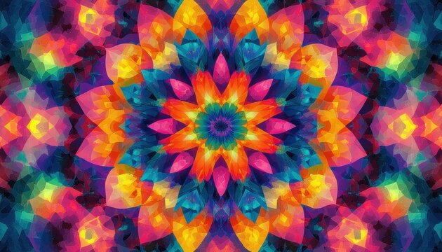 Vibrant colorful abstract kaleidoscopic pattern with layered geometric flower shapes radiating from the center in bold blues, reds, oranges, greens, and yellows