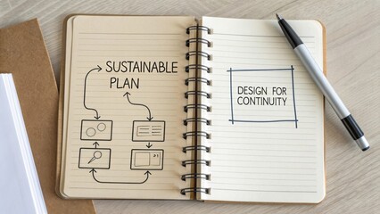 Sustainable Plan and Design for Continuity Sketches in Notebook with Ballpoint Pen on Wooden Desk Surface