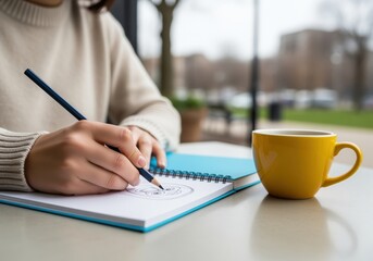 Hands sketching a doodle drawing in a spiral notebook next to a yellow coffee cup.
