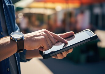 Man wearing a classic wristwatch tapping the screen of a rugged tablet device.