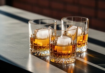 Premium whiskey on the rocks served in three cut crystal glasses on a bar
