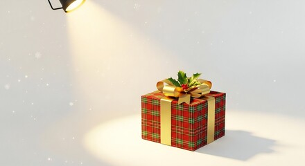 Elegant Christmas present with plaid pattern and gold ribbon under spotlight ready for holiday celebration and gift giving season