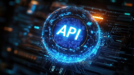 Glowing blue digital circuit board with a circular futuristic interface displaying the text API in bright light, symbolizing technology and data connectivity