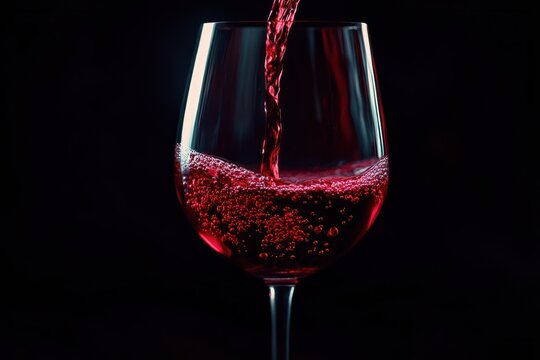 Close-up of red liquid being poured into a clear wine glass with visible bubbles against a dark background evoking a rich and elegant atmosphere