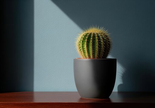 Globular cactus in modern grey pot bathed in dramatic sunlight and shadow