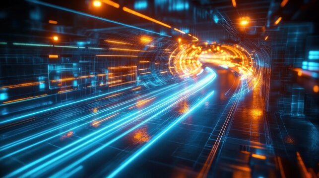 Futuristic tunnel illuminated with bright blue and orange light trails creating a dynamic and high-speed visual effect