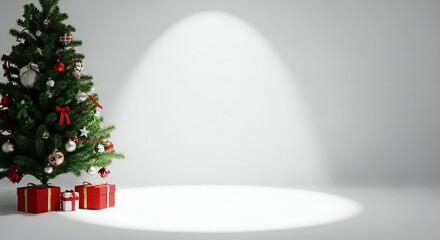 Create festive holiday magic with this beautifully decorated Christmas tree and red gifts against a simple gray background