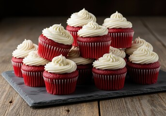 Towering stack of decadent red velvet cupcakes with rich cream cheese frosting