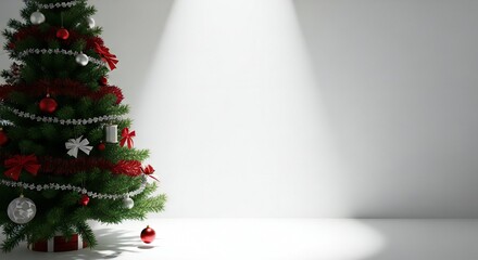 Elegant Christmas tree with bright ornaments against blank white background for seasonal promotions and holiday greeting cards design