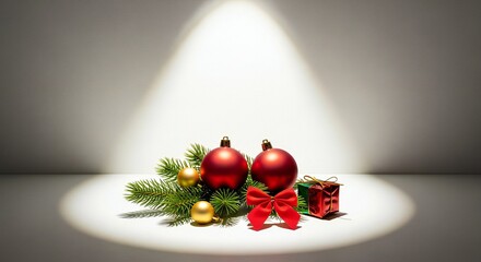 Elegant Christmas ornaments and gift under spotlight create festive holiday mood for cards, banners, advertisements, and seasonal designs