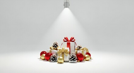 Elegant Christmas presents and ornaments under a spotlight create a festive scene for holiday promotions and seasonal marketing campaigns
