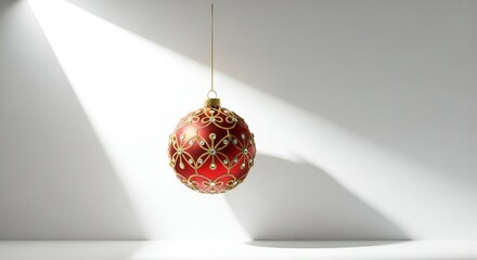 Elegant red Christmas ornament with golden details casts shadows on a clean white background, perfect for festive holiday designs