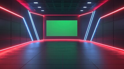 Futuristic empty room with black tiled floor and walls illuminated by glowing red and blue neon lights and a green rectangular screen on the far wall