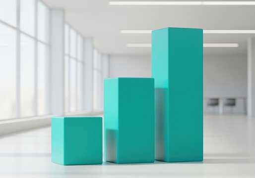 Ascending 3D teal bar graph showing positive business growth and financial success
