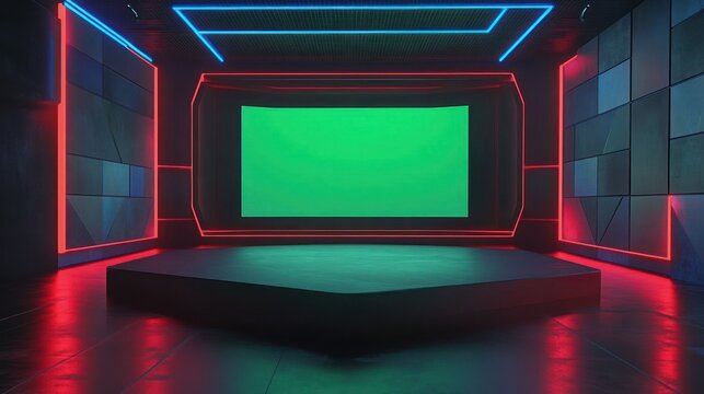 Futuristic empty stage with neon blue and red lights and a large green rectangular screen in a dark room with geometric wall panels
