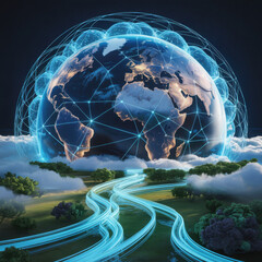 Obraz premium Glowing digital network overlaying a luminous Earth floating above clouds and a green landscape with light trails