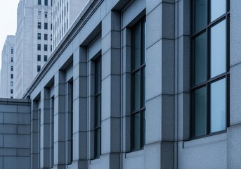 Obraz premium Striking modern architecture featuring gray stone facade and vertical window alignment.