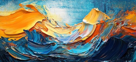 abstract thick oil paint strokes in vibrant blues and oranges creating dynamic sea wave and sky movement with textured layered colors