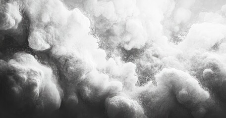 dramatic grayscale image of dense, billowing clouds with varied textures and lighting creating a moody and dynamic atmosphere