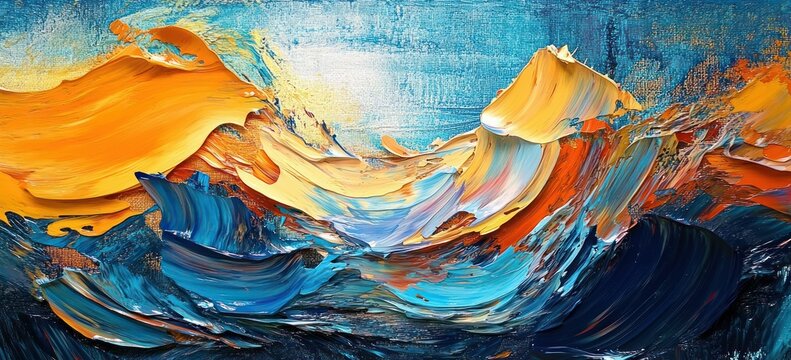 abstract thick oil paint strokes in vibrant blues and oranges creating dynamic sea wave and sky movement with textured layered colors