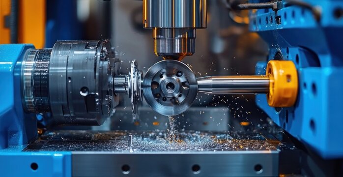 close-up of a metal lathe machine cutting and shaping a cylindrical metal workpiece with sparks flying in an industrial setting - Powered by Adobe