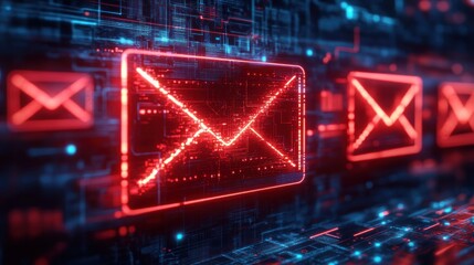 Glowing red digital envelope icons floating over a dark circuit board background representing electronic mail communication