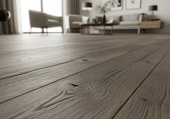 Wide distressed oak flooring planks in cool grey brown tones with prominent knots