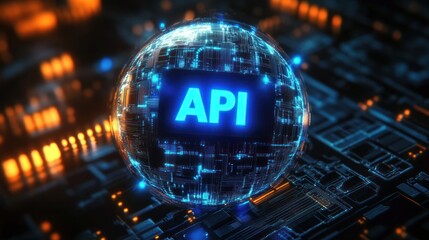 Futuristic glowing blue sphere with digital circuit board patterns and the text API in the center, set against a dark high-tech electronic background with orange highlights