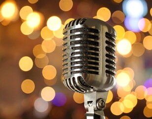 Classic silver microphone with a blurred golden background of lights