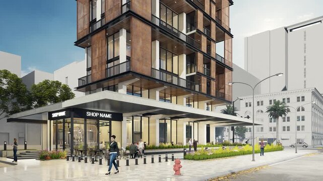 4K 3D Rendering Animation of Modern Skyscraper with Wood Facade in City Park, Day time