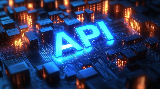 Close-up view of a glowing blue API text embedded on a detailed dark circuit board with orange illuminated electronic components, symbolizing technology and connectivity