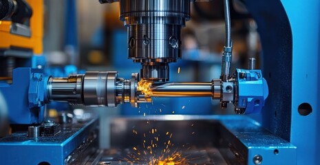 Close-up of a precision cnc machine milling a metal cylinder with sparks flying during industrial metalworking process in a factory setting