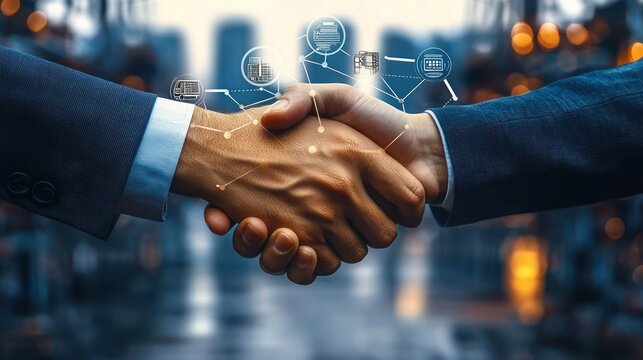 Two business people shaking hands with digital business network icons floating around, symbolizing partnership and collaboration in a professional setting