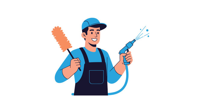 A friendly male professional cleaner or car wash worker in a blue uniform and cap, holding a feather duster and a water spray gun, ready for service.