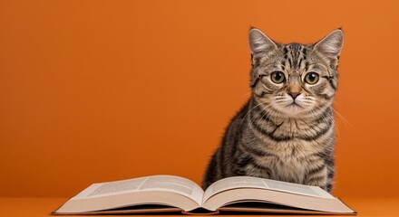 Cat's Literary Pursuit: A curious tabby cat perches with an open book, captivating the viewer with its attentive gaze and evoking a sense of studious charm.