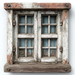 A weathered window with peeling white paint and a blue interior view on a white background studio shot