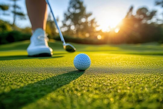Close-up of a golf ball on a green putting surface with a golfer preparing to putt during a sunny late afternoon