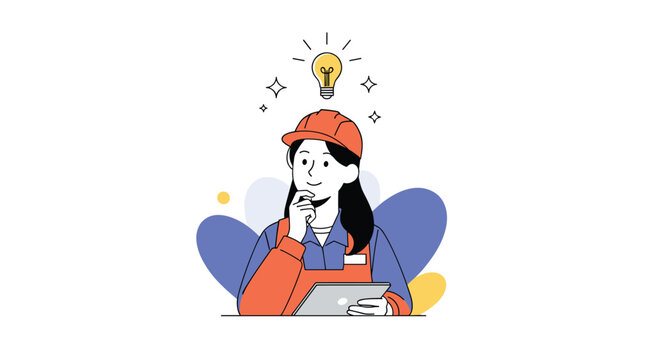 A female construction worker or engineer in a hard hat with a tablet gets a bright idea, representing innovation and smart solutions in industry.