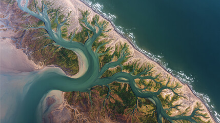 Drone view of a river delta resembling a neural network, highlighting natural patterns, connectivity, and the intricate branching of waterways like living networks.
