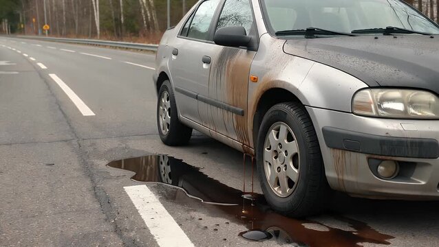 Photograph Showing Dark Puddles and Dripping Marks from Automotive Engine Lubricant Leaking onto the Ground Underneath a Stationary
